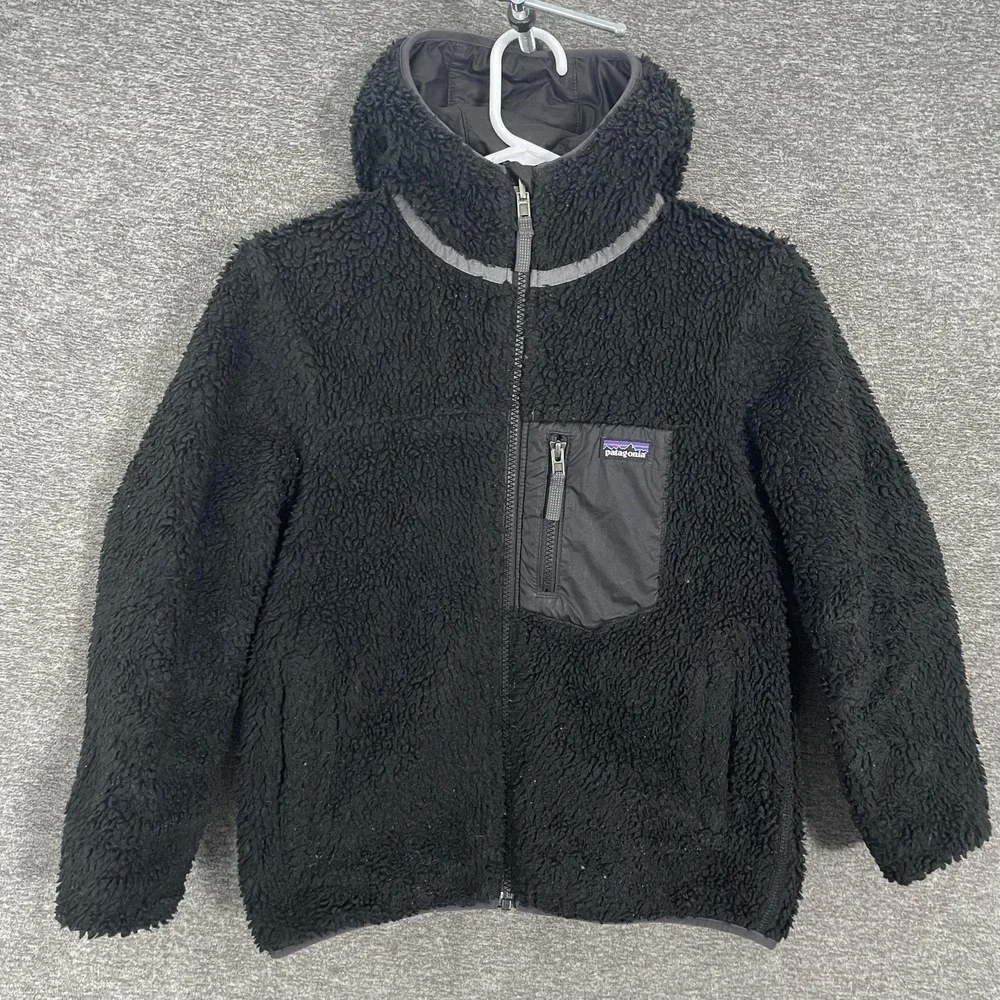 Patagonia Fleece Jacket Youth‎ Medium 10 Black Hooded Sherpa Full Zip Pockets